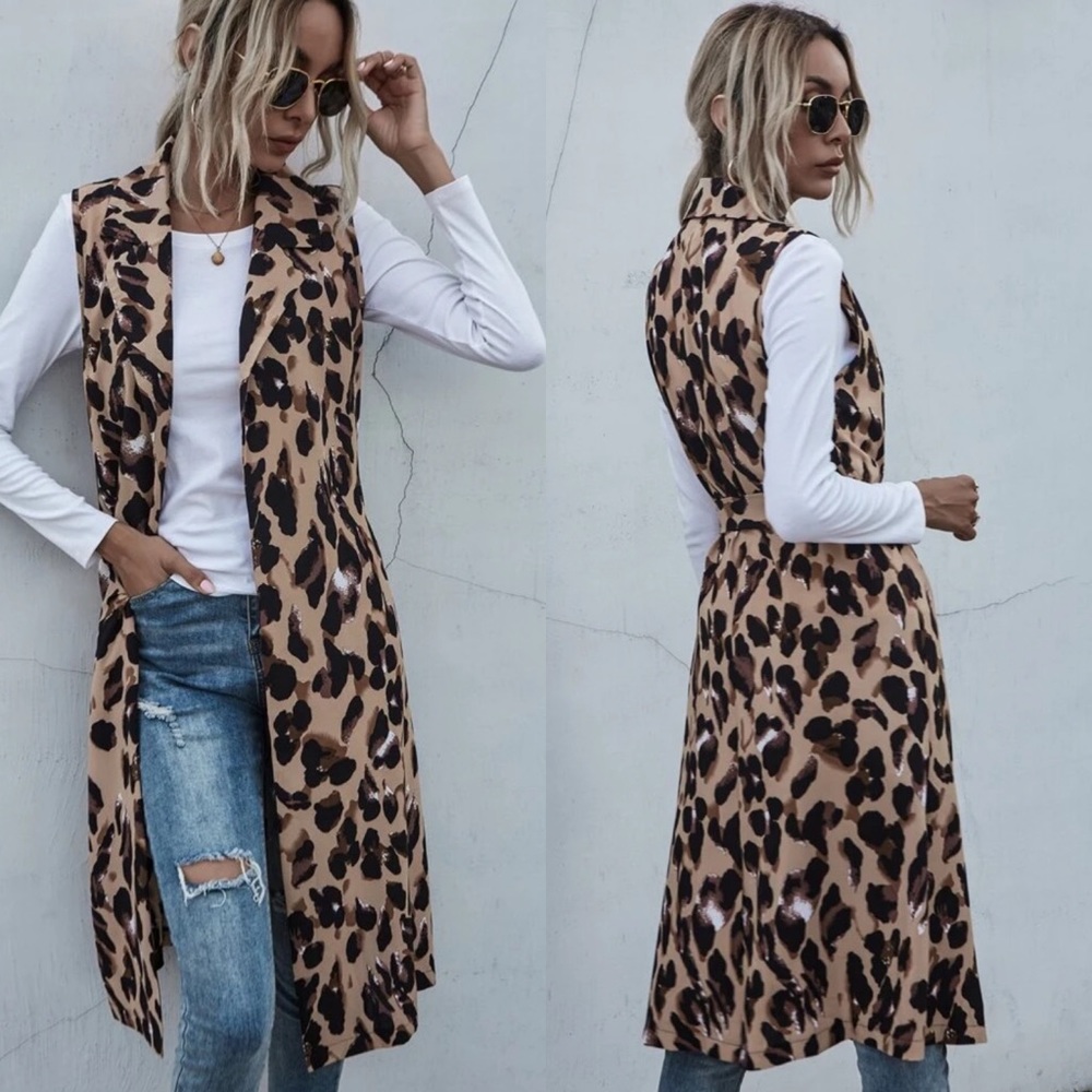 Leopard print long trenchcoat vest jacket tan - Picture 2 of 3